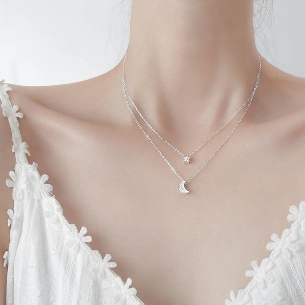 925 Sterling Silver Diamond Moon Star Necklace